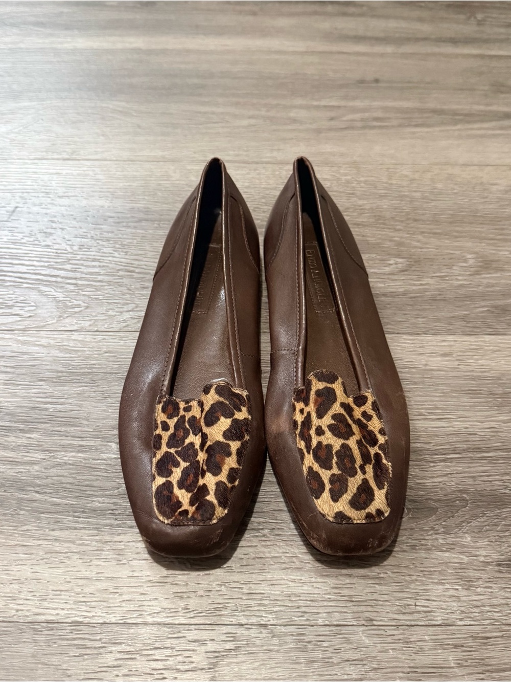 Enzo Angiolini Brown Leather Flats with Leopard Print Accent